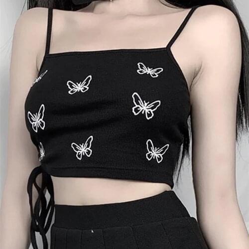 Tank Top Womens Tunic Butterfly Print Black Crop Top Women Egirl Clothes Aesthetic Corset Womens Tube Clothing haut femme