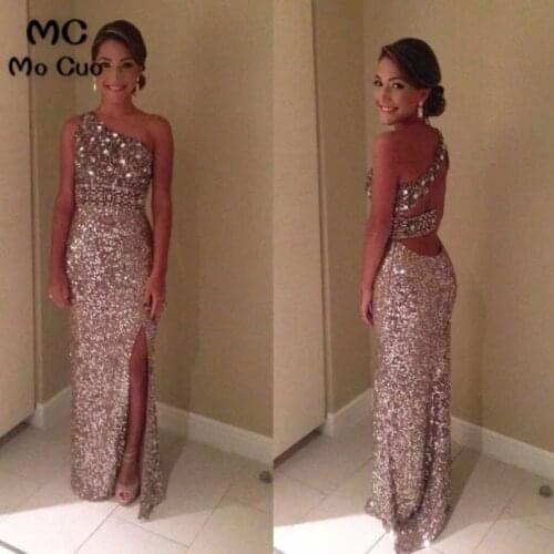 Promotion 2019 Evening dress Backless One shoulder Side Split Sequins Crystal Floor Length Hot Pink Formal Long Prom Dresses