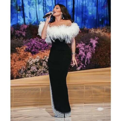 2020 Vintage Black and Ivory Off the Shoulder Short Sleeve Feather Pearls High Slit Floor Length Sheath Prom Dresses