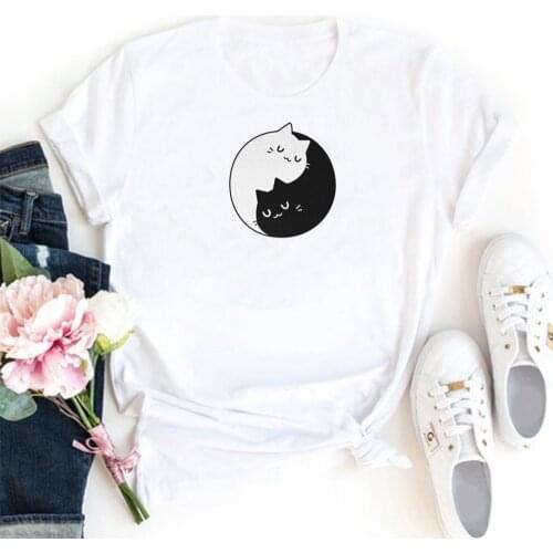Yin Yang Cat Tee Shirt Femme Cute Cartoons Pattern Womens Tshirt Harajuku Printing T-shirts Femme Funny Cotton T Shirts Women