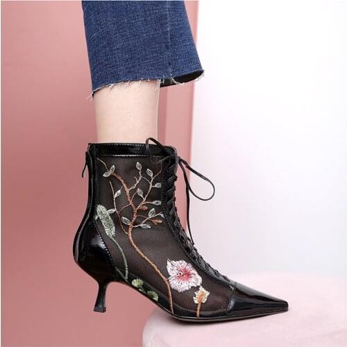 Womens Ankle Boots Mesh Embroidery Floral Stilettos High Heel Shoes Lace Up Real Leather Pointed Toe Breathable Sexy Black