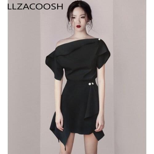 New 2019 Summer Women Runway 2 PCS Set Sexy Fashion Black Ruffles Off Shoulder Shirt Tops + Beading irregular Skirts Set