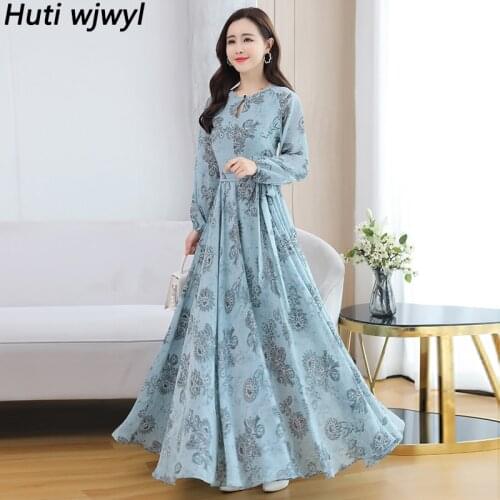 Autumn Winter Vintage Elegant Midi Dress Casual Chiffon Boho Beach Maxi Dress 2021 Women Party Long Sleeve Bodycon Long Vestidos