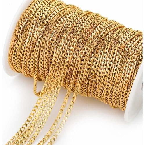 2M Width 3mm Filled Gold Curb Chain Roll Stainless Steel NK 1:1 Cuban Chains for DIY Necklace Bracelet Jewelry Making Supplies