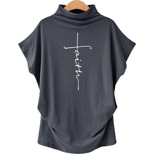 2021 Summer Plus Size T-shirt Women Short Sleeve Stand Collar Faith Cross Print Ladies Street Wear Oversize T Shirt Tops