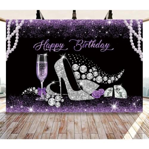 Woman Happy Birthday Party Backdrop Decor Glitter Purple Sliver Birthday Cake Table Background Rose Lady High Heels Photocall