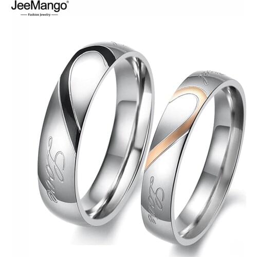 JeeMango Romantic 316L Stainless Steel Silver Half Heart Simple Circle Real Love Couple Rings Jewelry Engagement Ring JR19181