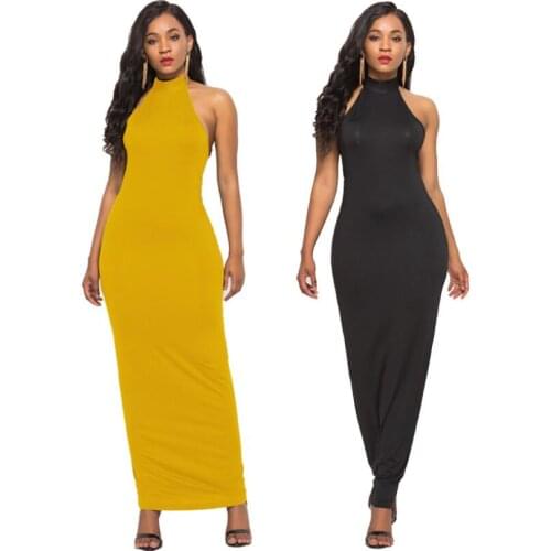 Classic Summer Halter Womens Sexy Womens Solid Color Halter Sleeveless Stretch Slim Dress Vintage long dress