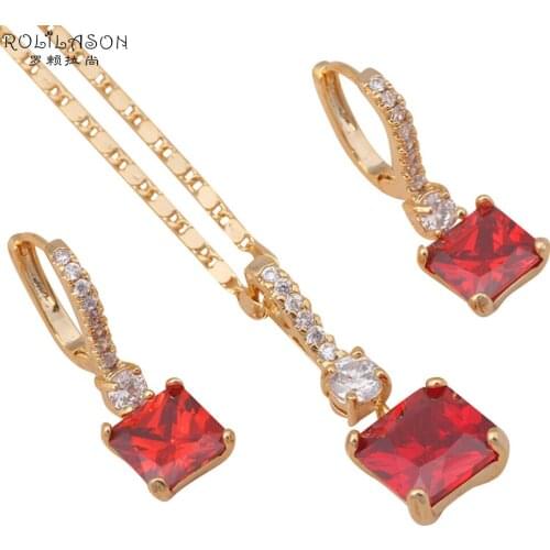 Red Zircon Square design Gold Tone Earring Necklace Pendants for party and gift Fashion Jewelry Sets JS538