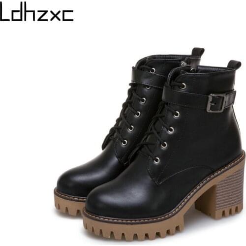 LDHZXC New Brand Autumn Women Boots Platform High-heeled Thick High Heel Lacing Casual Shoes with Zipper Ankle Boots