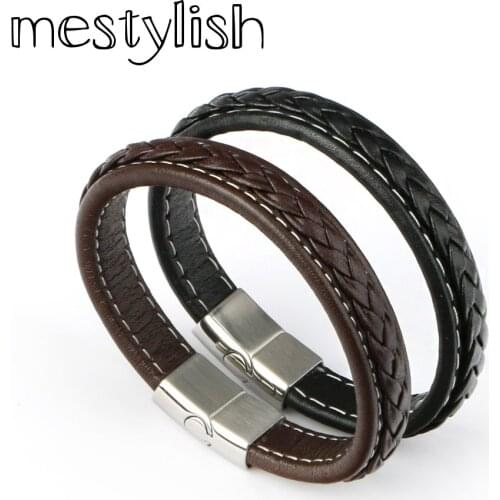 Mestylish Genuine Leather Bracelet Men Stainless Steel Leather Braid Bracelet With Magnetic Buckle Clasp pulseiras masculina