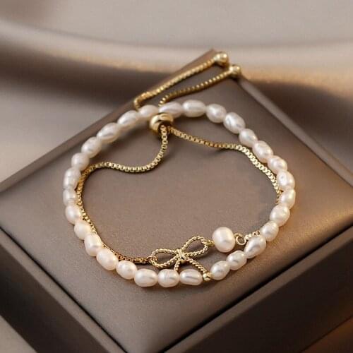2021 Korean New Design Fashion Jewelry Gold Plated Chain Irregular Natural Freshwater Pearls Bracelet Adjustable Cuff Bracelet