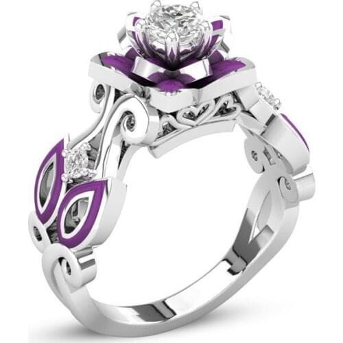 Hainon New Hot Puprle Flower Rings For Women Silver Color Luxury Zircon Wedding Engagement Promises Finger Rings Jewelry