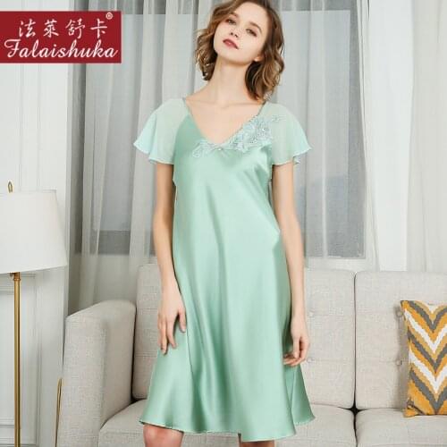 New Summer casual 100% silk women nightgowns Fresh lace flower long sleepdress women pure natural silk nightdress S5663