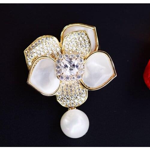 OKILY 2021 Elegant AAA Zirconia Brooches Pin Lovely Shell Petal Camellia Corsage for Woman Pearl Brooch Jewelry Accessories