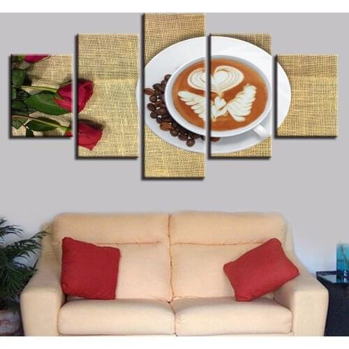 Angel Wings Coffee and Roses Canvas HD Prints Posters Home Decor Wall Art Pictures 5 Pieces KIT Paintings No Frame