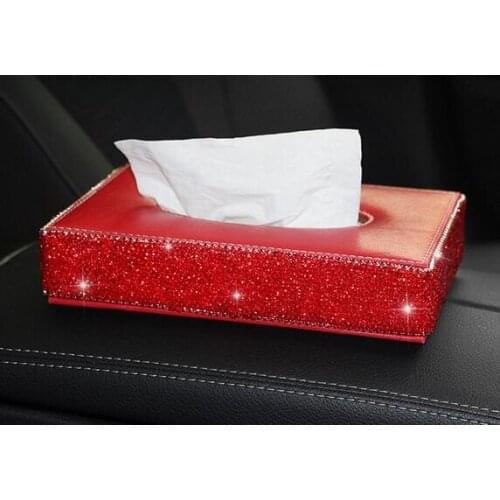 Full Diamond Crystal Leather Glitter Rhinestones Car Sun Visor PU Leather Tissue Box Auto Clip Holder Paper Napkin Accessories