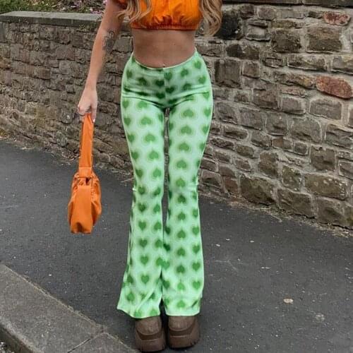 Summer Love Print Straight Womens Long Pants High Waist Green Casual Female Trousers 2021 Streetwear Fashion Ladies Bottoms