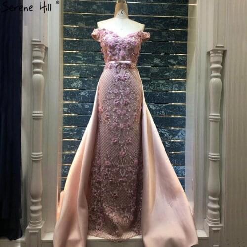 Pink Sleeveless Off Shoulder Luxury Prom Dresses 2020 Handmade Flowers Pearls Sexy Prom Gowns Real Photo BLA60715