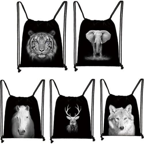 Black White Tiger Lion Drawstring Bag Wolf Elephant Animal Boy Girl Backpack Man Woman Storage Bags Travel Bag Gift