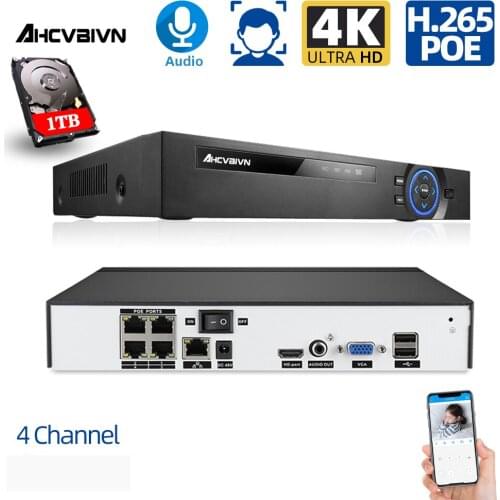 H.265 4K 4CH 5MP POE NVR Xmeye APP P2P Onvif IEE802.3af 48V POE Video Network Recorder Face Detection For IP POE Camera System