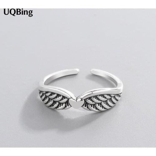 Vintage 925 Sterling Silver Heart Angle Wings Adjustable Rings For Women Old Jewelry Gifts