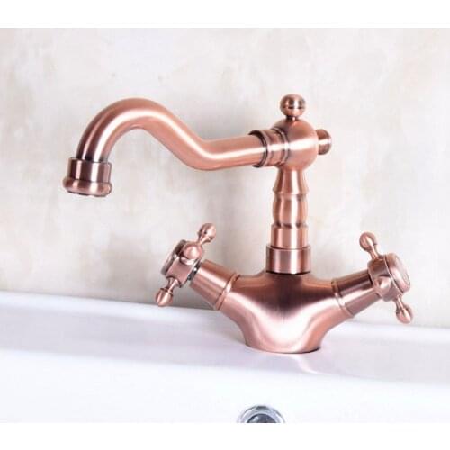 Vintage Red Copper Antique Brass Dual Cross Handles Swivel Spout Bathroom Basin Kitchen Sink Faucet Cold & Hot Mixer Tap anf256