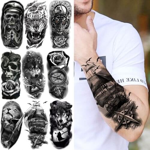 Pirate Ship Compass Temporary Tattoos For Women Men Realistic Tiger Captain Wolf Snake Skull Fake Tattoo Sticker Arm Tatoos Leg