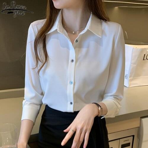 Korean Office Lady Style Blouse Women 2021 Autumn Solid Silk Long Sleeve Womens Blouse Satin Single-breasted Loose Shirts 11053