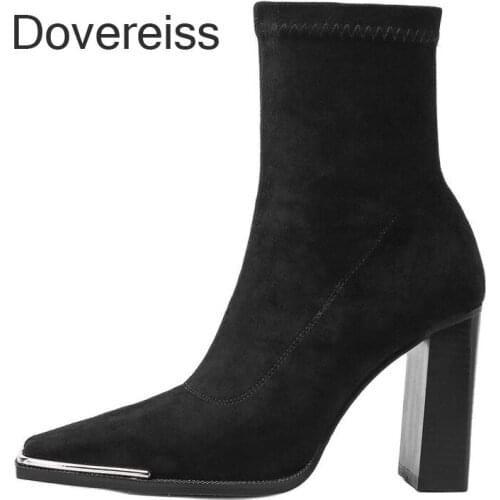 Dovereiss Winter woman New Fashion Square Head Shoes Clear Heels Boots Gray Elegant Chunky Heels Consice Ankle Boots 41 42 43