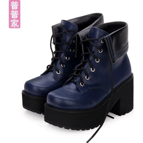 Princess sweet lolita shoes Japanese cool wind High heeled round head thick muffin collar Navy tie short boots women pu8878