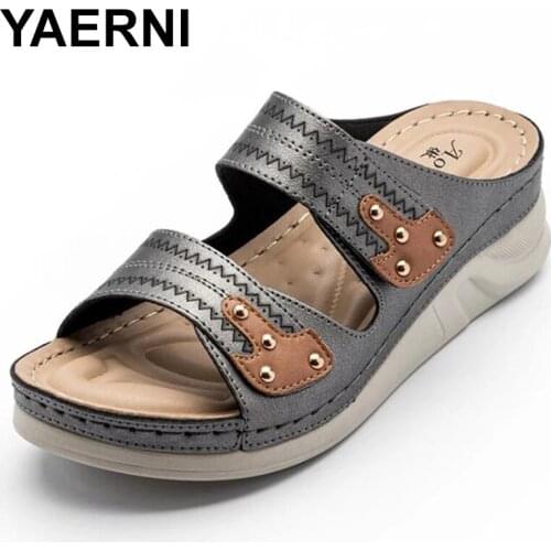 YAERNI 2021 Summer Women Premium Orthopedic Open Toe Sandals Vintage Slip Breathable Leather Casual Female Platform Retro Shoes