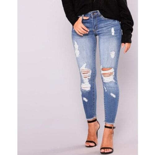 Plus Size Light Blue Ripped Jeans For Women Street Style Sexy Distressed Trouser Stretch High-waist Tight Denim Cropped Pants