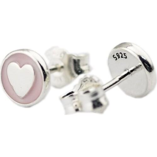 100% Sterling-Silver-Jewelry Sweet Statements Stud Earring with Pale Pink Enamel 100% 925 Silver Jewelry for Women Free Shipping