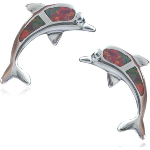 Lovely Dolphin Shaped Brown Fire Opal Silver Plated Ear Stud Earrings for Women OE295