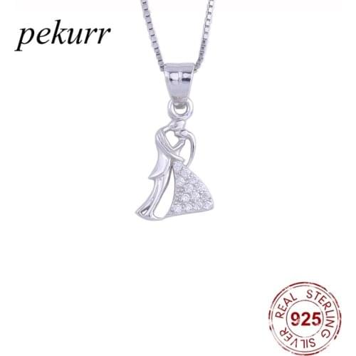 Pekurr 925 Sterling Silver Mini Kiss Couple Lover Necklace For Women Zircon Bride Groom Pendants Choker Wedding Fashion Jewelry