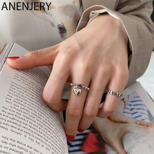 ANENJERY 925 Sterling Silver Retro Love Heart Pendant Tank Chain Index Finger Ring for Women Thai Silver Open Size Rings S-R852