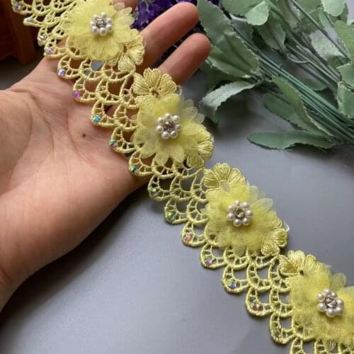 10X Yellow Cotton Flower Pearl 5x5cm Multicolor Head Embroidered Lace Trim Ribbon Sewing Supplies Craft For Apparel Decoration