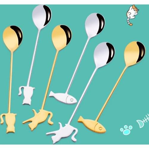 6 Pcs Mini 304 Stainless Steel Fish Cat Spoon Fork Dinnerware Set Japanese Korean Fruit Fork Coffee Stir Spoon Kitchen Gift