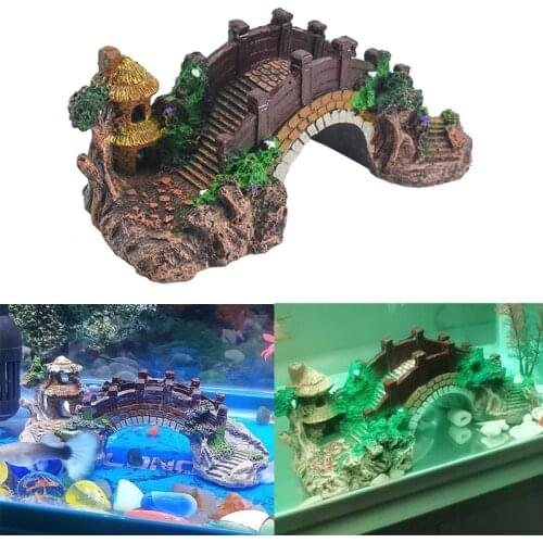 Aquarium Fish Tank Vintage Decorative Bridge Landscape Ornaments Pavilion Tree Plants Resin Design Pet Supplies Home Decorations