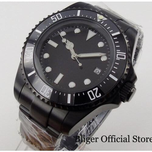 BLIGER Nologo 43mm Black PVD Mechanical Men Watch MINGZHU 2813 Glide Lock Clasp Unidirectional Bezel Ring 120 Clicks Screw Crown