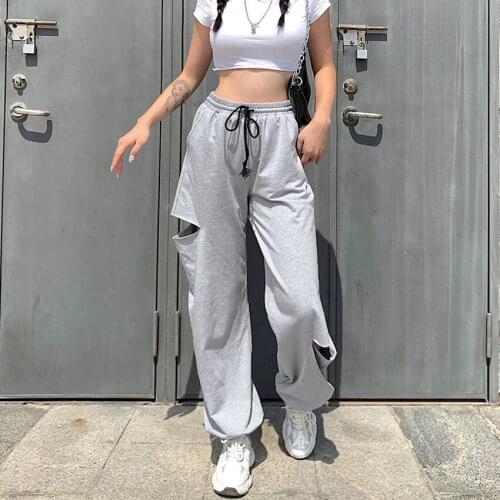 Lusofie Autumn Hollow out High Waist Joggers Harajuku Wide Leg SweatPants Women Trousers High Waist Pant Streetwear Casual Pant