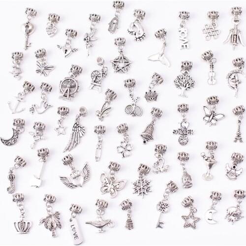 50pcs different styles European Bead Vintage Silver Charms fit for pandora style Bracelets Necklace DIY Metal Jewelry Making