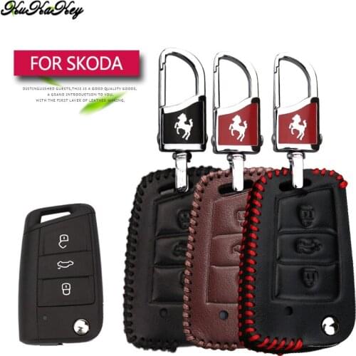 Genuine Leather Car Key Case Cover For Skoda Octavia 1 2 3 RS A7 A5 Karoq Superb Fabia Kodiaq 2020 Yeti Rapid Key Chain Holder