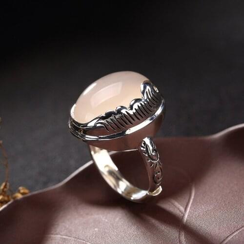 2018 Hot Sale Anel Feminino S925 Sterling Feather Mosaic Jade, Pomegranate Corundum Sand Female High-end Open Ring Wholesale