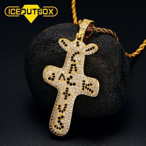 ICEOUTBOX Geometry Cross Pendant Micro Pave Cubic Zirconia Bling For Mens Fashion Rhinestone Hip Hop Jewelry Rock Street Style