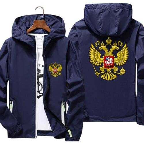 Spring Mens Bomber Hooded Coat Of Arms Of Russia Eagle Russian Emblem Gold Sports Pilot Thin Windbreaker Sunscreen Jacket 7XL