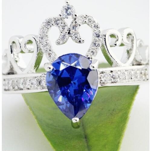 Lingmei Wholesale Trendy PearCrown Wedding Rings for Women Princess Zircon Silver Color Jewelry Fashion Size 6-9