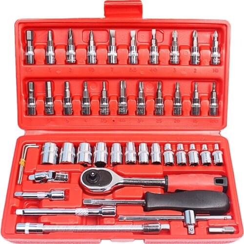 Car Repair Kit Mechanical Box 46 In 1 Hand Tool Sets for Home 1/4-inch Socket Wrench Ratchet Screwdriver Spanner Garage Key Pawl