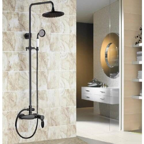 Black Oil Rubbed Bronze Bathroom Rainfall Shower Faucet 8" Round Shower Head Set Mixer Tap Single Lever Handle ars436